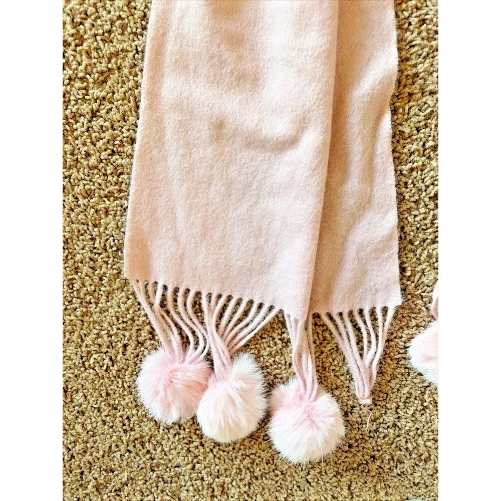 Unbranded Pink Wool/Cashmere/Fur Fringe Pom Scarf Wrap Accessory‎ NEW NWT FLAWED - Picture 3 of 10